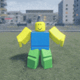 a roblox character with a blue shirt and green pants is standing in the grass