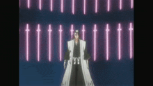 a man in a white robe is standing in front of a wall of glowing swords .