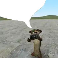a cartoon meerkat is holding a camera and has a speech bubble above his head