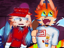 a drawing of a person wearing a roblox hat and a shirt that says blame john