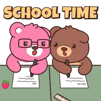 a cartoon of two teddy bears sitting at a table with the words school time above them