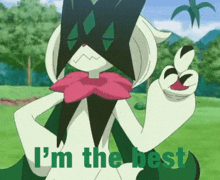 a cartoon character says " i 'm the best " in a green background