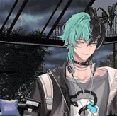 a boy with green and black hair is wearing a choker and headphones