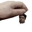 a hand is holding a small man 's head .