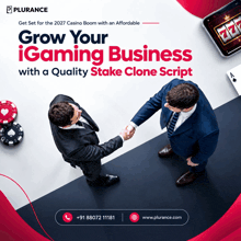 two men shaking hands with the words grow your gaming business with a quality stake clone script above them