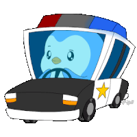 a cartoon penguin is driving a police car with a star on the door