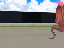 a cartoon drawing of a girl with a pink ear and tail