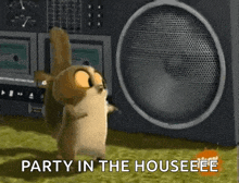 a cartoon squirrel is dancing in front of a boombox with the words party in the houseeee