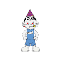 a cartoon monkey wearing a party hat and sunglasses with the word sup written on his shirt