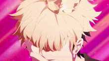 a close up of a person 's face with a pink background