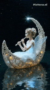 a little girl in a fairy costume is playing a flute on a crescent moon