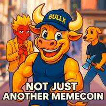 a bull wearing a blue bullx hat stands in front of two men