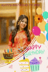 a woman in a red dress is holding a cake and balloons on a birthday card .