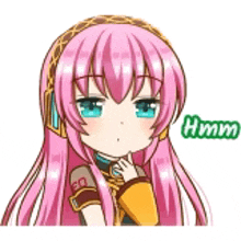 a girl with pink hair and blue eyes is wearing headphones and a headband and says hmm .