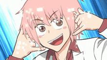 a cartoon of a girl with pink hair making a call me sign