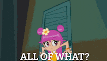 a cartoon girl with pink hair and a flower in her hair is smiling and asking all of what