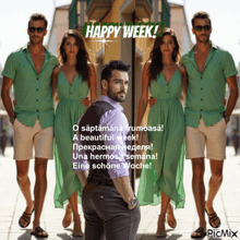 a man is standing in front of a group of women with the words happy week on the top