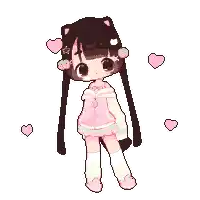 a pixel art of a little girl with hearts around her .