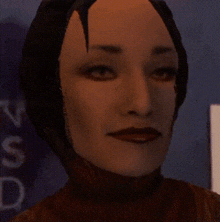 a close up of a woman 's face with a sign in the background that says ' s '