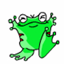a green frog with big eyes and red lips is jumping in the air .