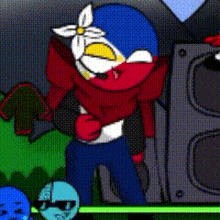 a cartoon character is standing next to a speaker in a video game .