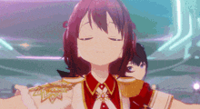 a cartoon girl with her eyes closed is wearing a red and gold outfit