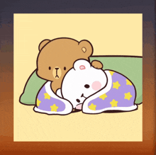 a cartoon of two teddy bears hugging each other under a blanket