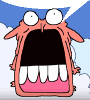 a cartoon character with a big mouth and a speech bubble above it