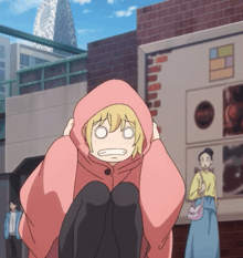 a girl in a pink hoodie has her eyes closed and a surprised look on her face