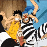 a group of anime characters are posing for a picture including luffy and buggy