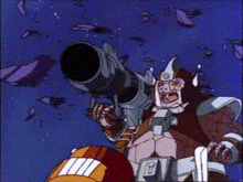 a cartoon character is holding a cannon with the letter t on it