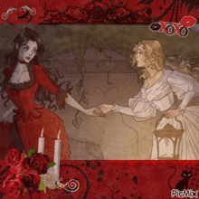 a painting of two women holding hands with roses and candles in the foreground