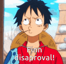 a monkey d luffy from one piece is making a funny face and says finn disapproval .