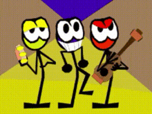 three stick figures are standing next to each other and one of them is playing a guitar .