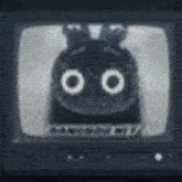 a black and white image of a stuffed animal with a bow on its head on a television screen .