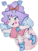 a fairy with purple hair and blue wings is wearing blue boots