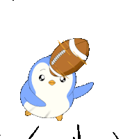 a penguin is holding a football in its beak