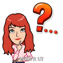 a cartoon girl with red hair is thinking with a question mark above her head