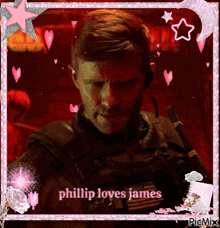 a picture of phillip loves james with hearts and stars around him