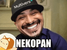a man wearing a hat that says multivers is smiling