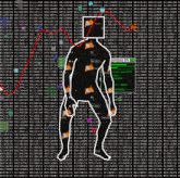 a computer screen shows a man with a head covered in numbers and a red line