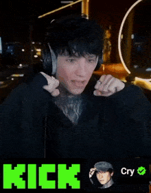a man wearing headphones and a picture of a man with the word kick below him