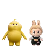 two stuffed animals are standing next to each other one is a yellow monster and the other is a brown bunny