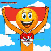 a smiley face is holding up a flag with timnas garuda written on the bottom right
