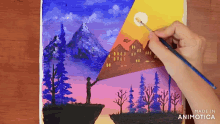 a person is painting a landscape with mountains and trees and the words made in animatica on the bottom