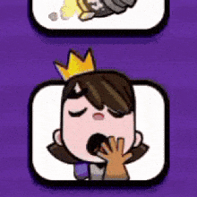 a cartoon of a girl with a crown on her head and a hand covering her mouth .