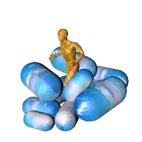 a man is standing on top of a pile of blue and white capsules