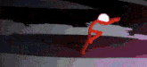 a red stick figure is running through a dark room with a white ball in his hand .