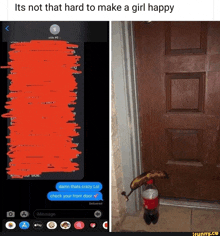 a screenshot of a text message next to a picture of a door
