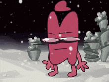 a cartoon character with glasses and a heart on his head is standing in the snow